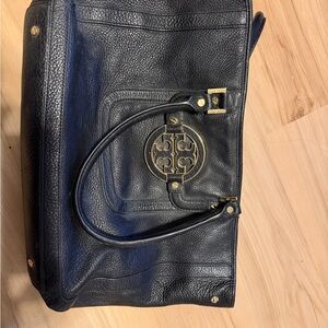 Tory Burch Black Leather Tote with Gold Accents